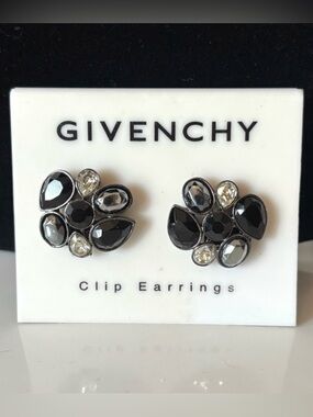 Vintage Givenchy Crystal and Hematite Tone Cluster Earrings Original Card Signed